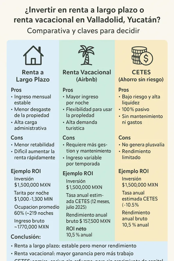 ¿Invertir en renta a largo plazo, renta vacacional o Cetes en Valladolid, Yucatán? Comparativa y claves para decidir